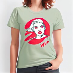 minimal woman with red lips, a person wearing a green shirt, illustration with joint head