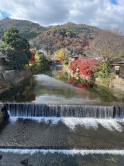 waterfall in autumn
autumn 
fall
riverside 
river 
blue sky 
blue 
sky 
waterfall 