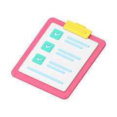 Checklist on 3d clipboard paper. Document in test form with check marks and stripes abstract questions