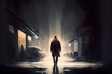 man walking alone in dark, a person walking in a dark alley, illustration with atmosphere automotive