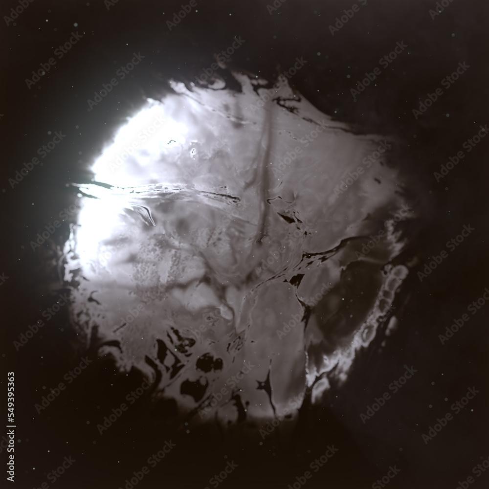 Poster magical energy ball surrounded by smoke and particles, 3d rendering digital illustration. abstract b