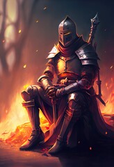 Naklejka premium with the magic sword sitting, a person in a garment, illustration with cartoon art