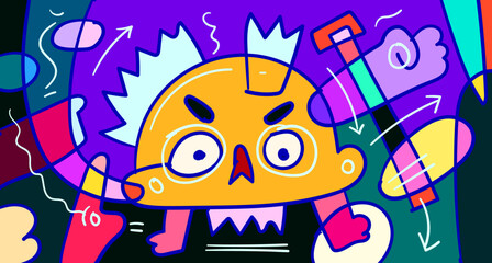 Fototapeta premium Vector colorful abstract doodle hand drawn monster and animal illustration for digital banner design 2023