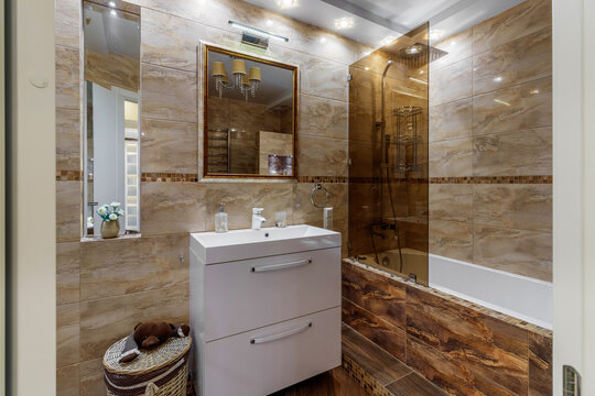 Modern small bathroom interior design. Ocher style