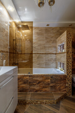 Modern small bathroom interior design. Ocher style