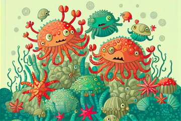 happy crabs with algae, coral, background pattern, illustration with botany plant