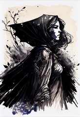 hand ink drawing of a, a black and white drawing of a person with long hair, illustration with art painting