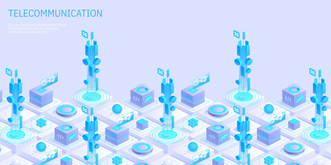 Telecommunication signal transmitter tower. Future innovative wireless fast network technology concept. Isometric illustration vector design.
