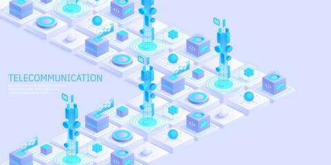 Telecommunication signal transmitter tower. Future innovative wireless fast network technology concept. Isometric illustration vector design.