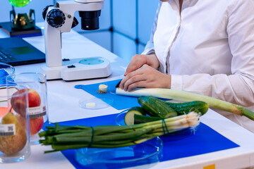 young woman in a food quality control laboratory examining samples of fruits and vegetables for...
