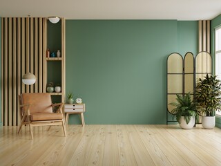 Luxury living room in house with leather armchair and decoration minimal on empty green wall background.