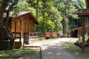 Trilha do Silêncio - SAO PAULO, SP, BRAZIL - NOVEMBER 13, 2022: Aspect of the Jaragua State Park with the auditorium in the background and the entrance to the trail of silence.