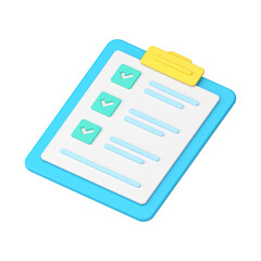 Checklist on 3d clipboard paper. Document in test form with check marks and stripes abstract questions