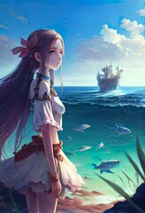 fantasy anime girl alone near, a cartoon of a girl in a white dress and a pink bow, illustration with sky water