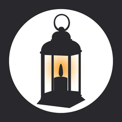 Antique lamp night light with a lit candle in the form of a black silhouette in a white circle on a black background. 