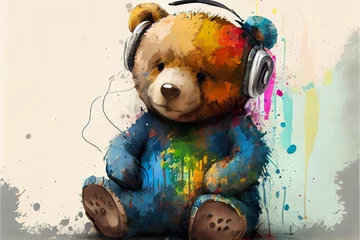 Fotobehang cute happy teddy bear in, a stuffed animal wearing headphones, illustration with water liquid © EricSchumid