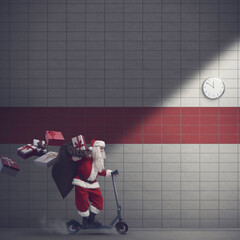 Fast Santa Claus on electric scooter