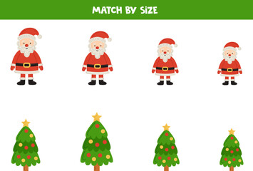 Matching game for preschool kids. Match Santa Claus and Christmas trees by size.