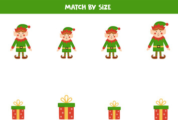 Matching game for preschool kids. Match Christmas elves and presents by size.