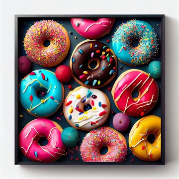 colorful donuts crossing the frame, a box of donuts, illustration with product font