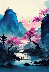 oriental ink landscape painting. blue, map, illustration with sky world