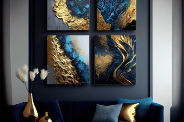 collection of designer oil paintings, a painting on a wall, illustration with blue green