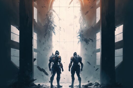 future soldiers doing a mission in apocalyptic world. sci-fi. concept art.