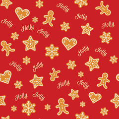 Christmas seamless pattern. Festive background with gingerbread cookies - men, stars and hearts on red. Vector illustration. For textile, wrapping paper, wallpaper, stationary, Christmas card.