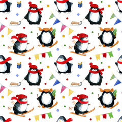 Cute little penguins are sledding and skiing and getting ready for Christmas. Watercolor seamless pattern on a white background - 549399974