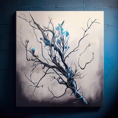 branch painting on real canvas, a tree with no leaves, illustration with rectangle blue