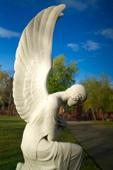 Vertical shot of a white stone angel statue with wings in a park in daylight