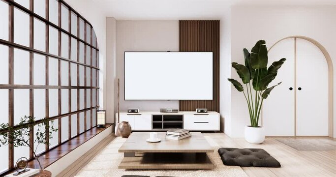 Minimalist wabi sabi interior mock up design, room muji sytle. 3D rendering.
