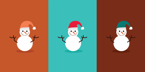 Vector illustration of three snowmen on different colored background wearing different colored Christmas hats. Christmas concept template with colors such as blue, red, brown and orange.