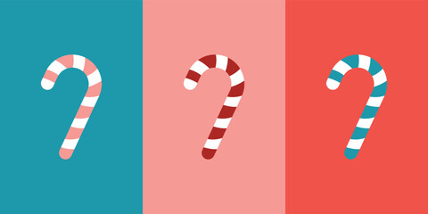 Vector illustration design of three candy cane sticks with colors on different colored background. Christmas template design with vibrant colors such as pink, blue and red.