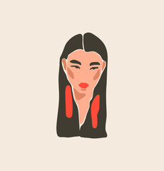 Hand drawn vector abstract stock flat graphic contemporary modern art,aesthetic fashion illustration with bohemian,beautiful modern female portrait,simple trendy style.Woman design concept art.