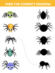 Spiders. Find the correct shadow. Halloween. Shadow matching game. Cartoon, vector