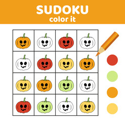 Sudoku. Pumpkin. Coloring sudoku with pumpkins. Halloween. Cartoon