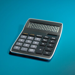 Desktop calculator with activated all the symbols on the scoreboard. on a blue background. square format