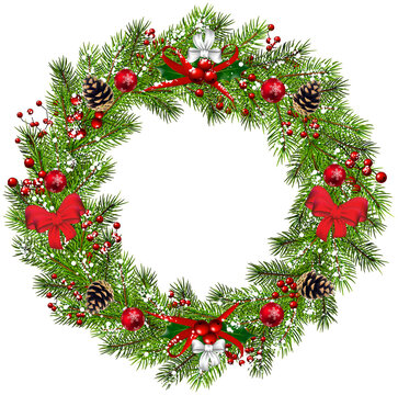 png christmas wreath with red ribbon and pine cone on transparent background