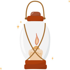 Vintage street retro lantern with candle, old glowing lamp. Light equipment, illumination instrument. Vector illustration in flat style isolaed on a transparent background.