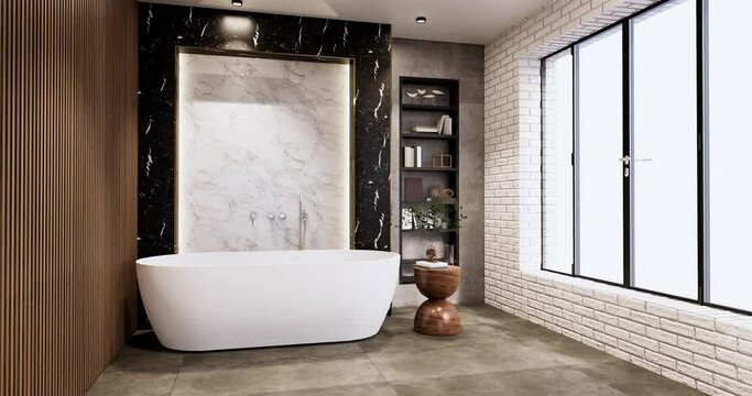 Tiles white and black wall design Toilet, room modern style. 3D illustration rendering