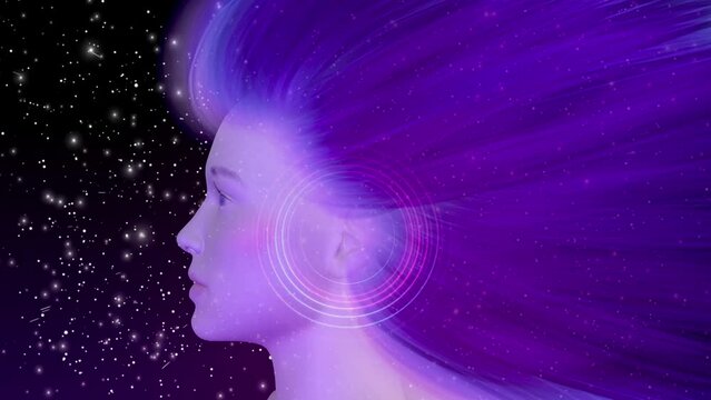 Digital Woman in Space with Sound Waves, 3D illustration, 3D render, Meditation Animation
