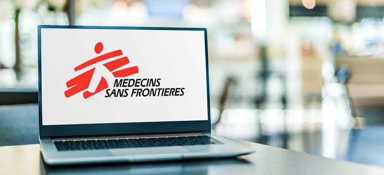 Laptop computer displaying logo of Medecins Sans Frontieres