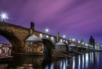 Charles bridge over Vltava river in the morning in winter. Winter. Prague.	