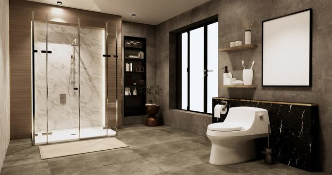 Tiles white and black wall design Toilet, room modern style. 3D illustration rendering