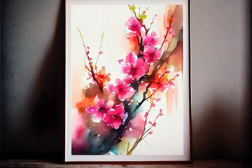 abstract painting watercolor original of, a branch with pink flowers, illustration with flower petal