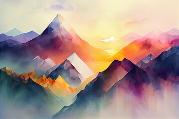 abstract mountain ranges in morning, a close-up of a painting, illustration with sky atmosphere