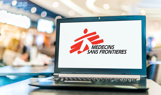 Laptop computer displaying logo of Medecins Sans Frontieres