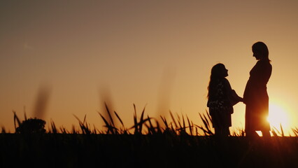 Fototapeta na wymiar Silhouettes in full growth of mother and daughter. They stand in a picturesque place at sunset. Happy childhood concept
