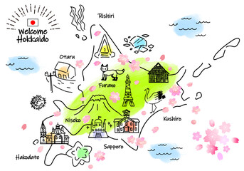 Naklejka premium 春の北海道の観光地のシンプル線画イラストマップ（緑）